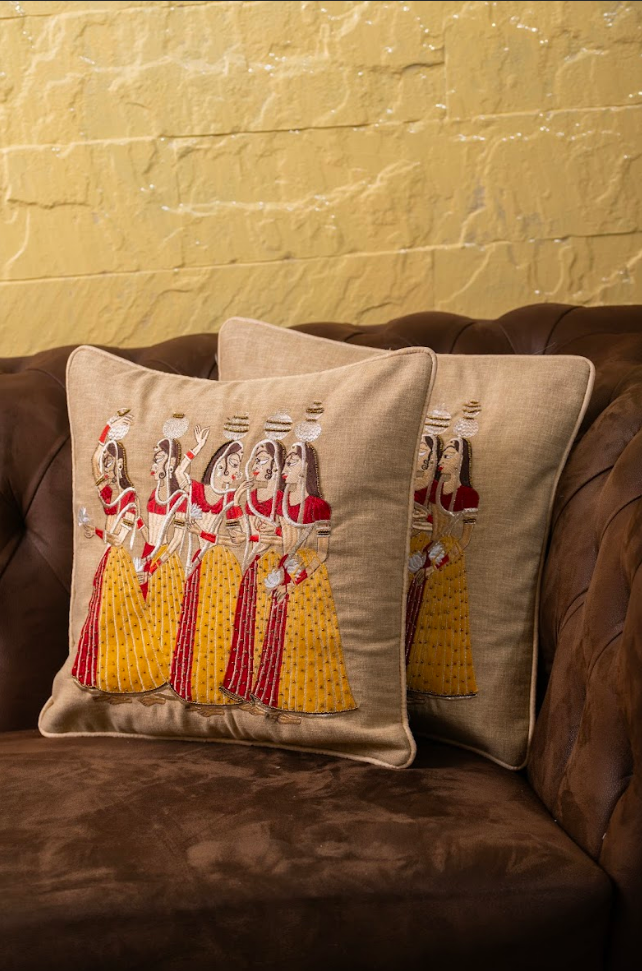 Courtesan Procession Embroidered Cushion Covers - Set of Four