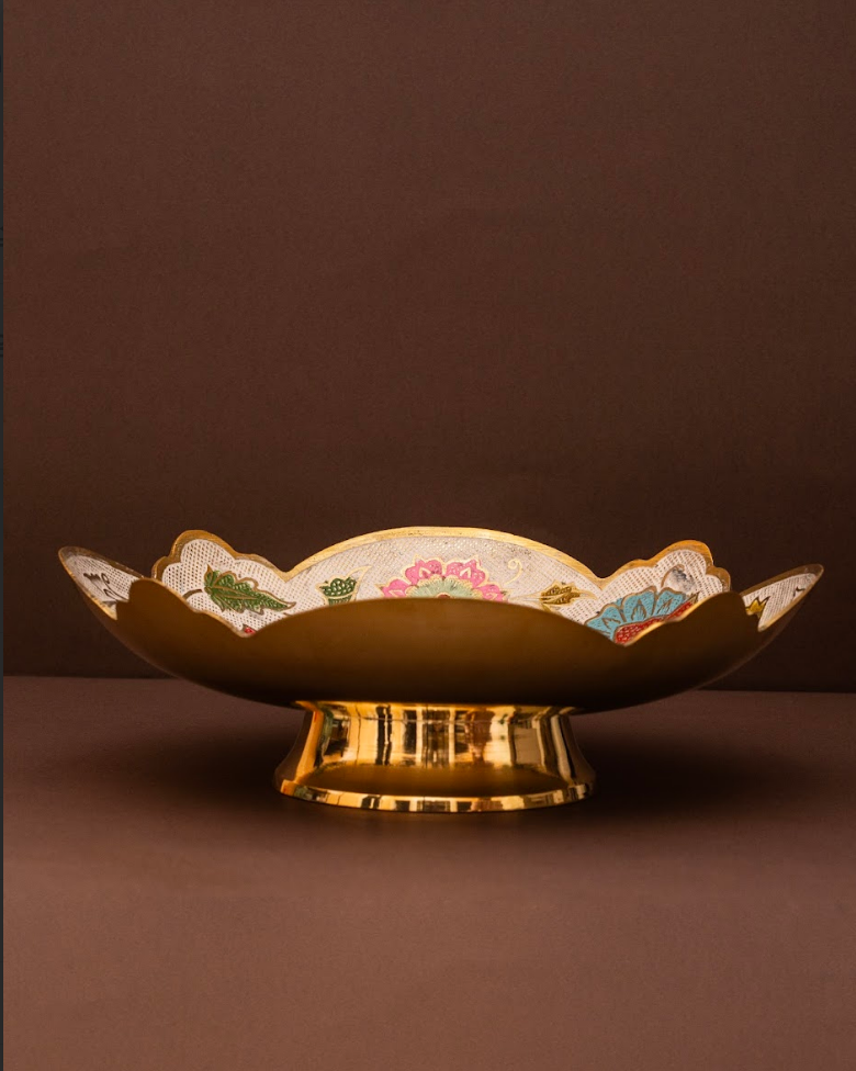 White Brass Fruit Bowl with a Floral Design