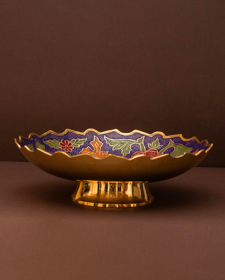 Blue and Pink Brass Fruit Bowl with a Diamond Design