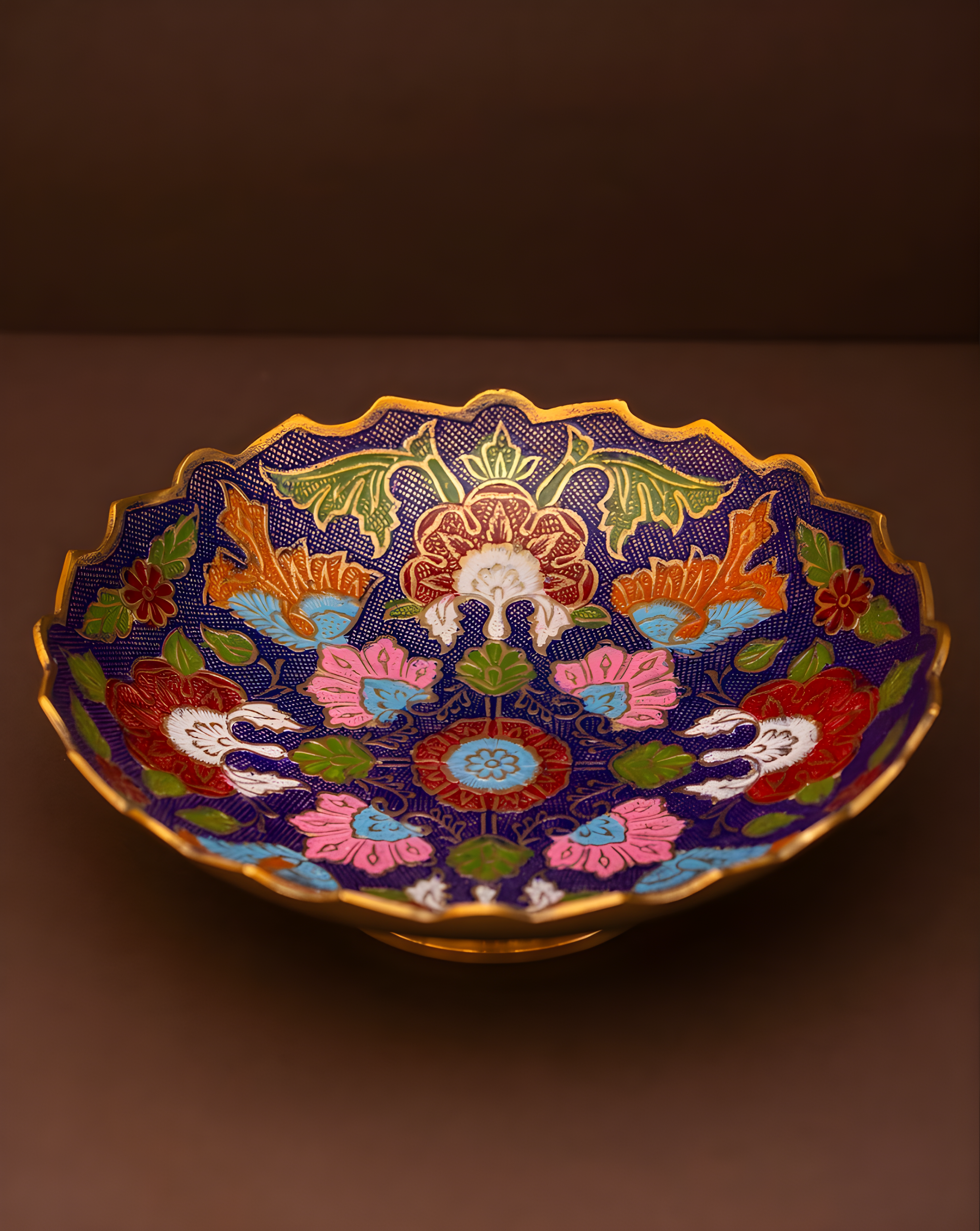 Blue and Pink Brass Fruit Bowl with a Diamond Design