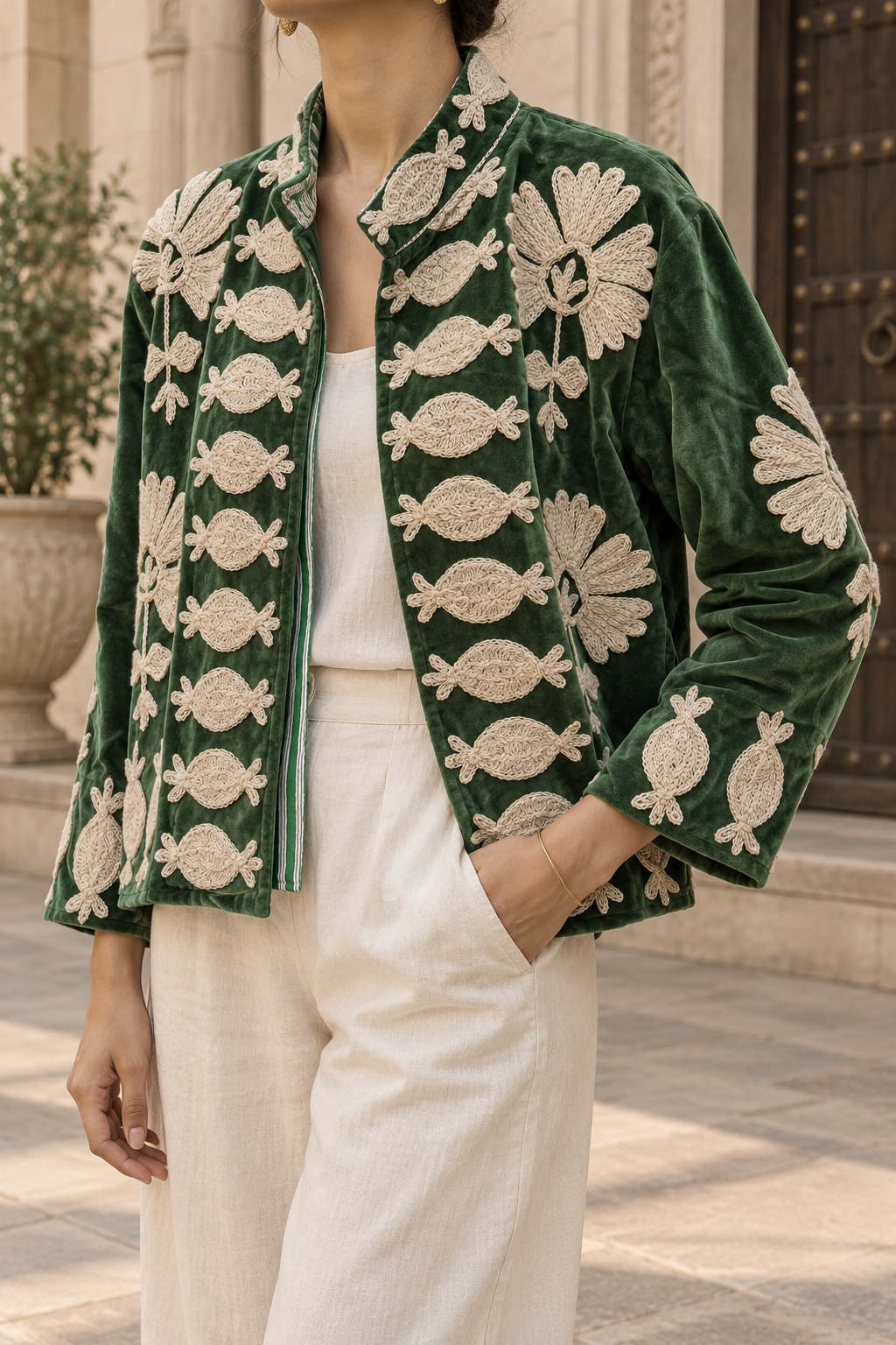 Shirin Jacket (Unisex) – Forest Green Ivory Embroidered Jacket