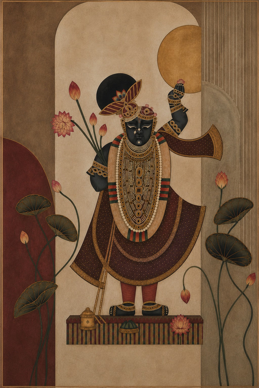 Pichwai – “Shrinathji in Crimson Bloom”: Contemporary Heritage Painting