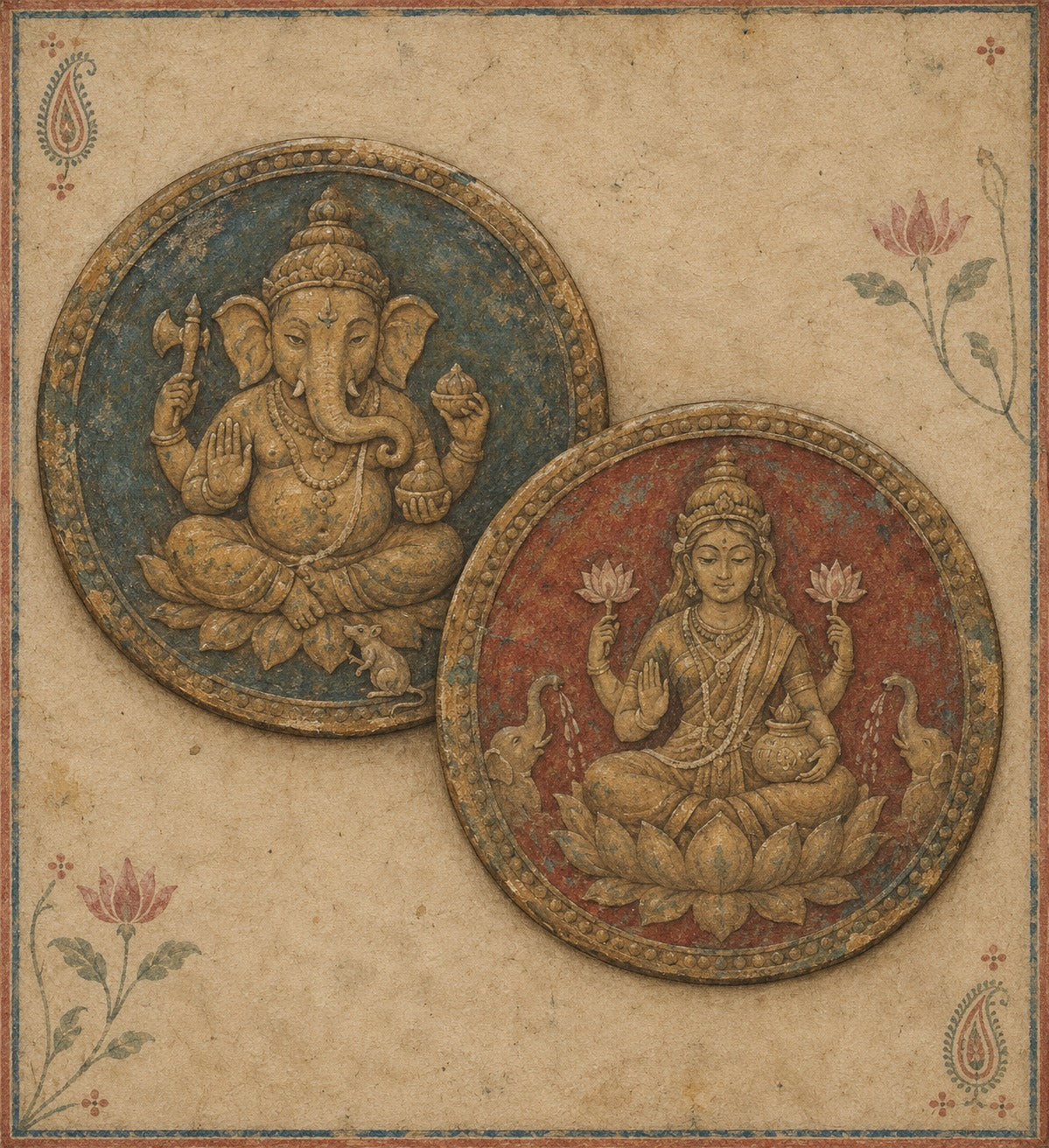 Art print - “Siddhi & Shreeda”: Lord Ganesha & Goddess Lakshmi Medallions