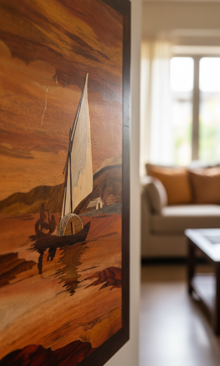 Handcrafted rosewood inlay wall art detail in a warm home interior décor setting