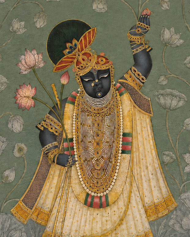 Pichwai – “Shrinathji in Sage Lotus Garden”: Gold Embellished Painting