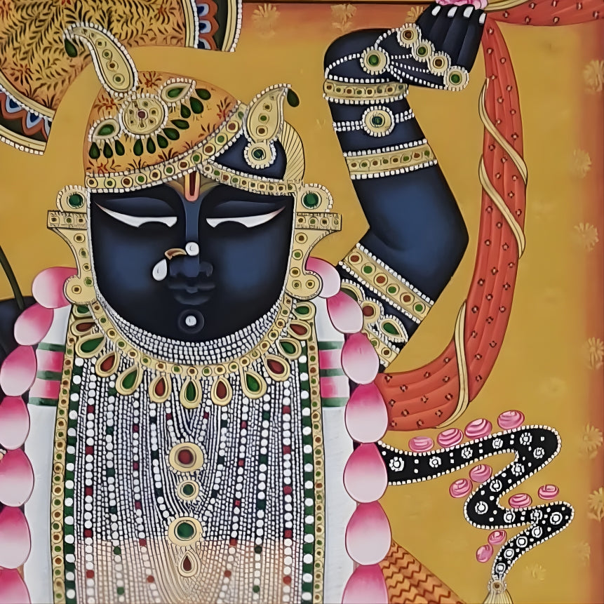 Lord Shrinathji Pichwai in Yellow - Nathdwara Devotional Painting on Cotton