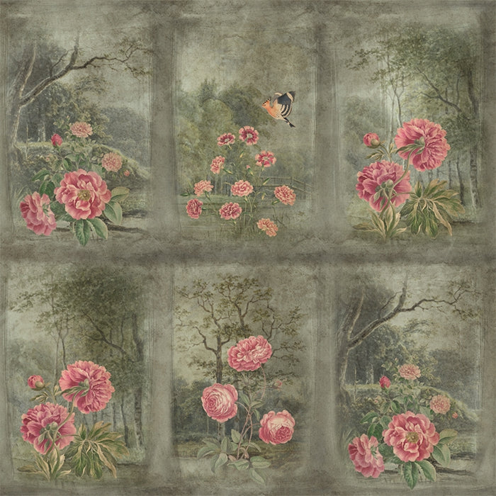 Decorative wallpaper with pink flowers and greenery in a grid pattern.