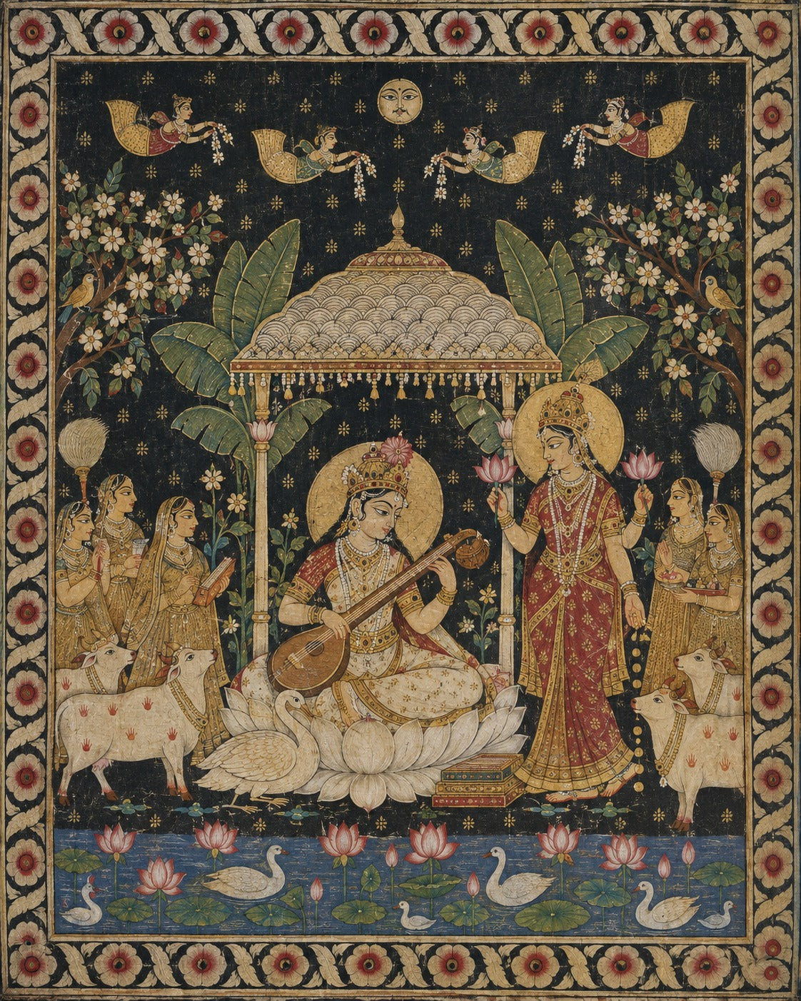 Art print - “Veena Vilasini”: Goddess Saraswati in a Garden of Music & Devotion