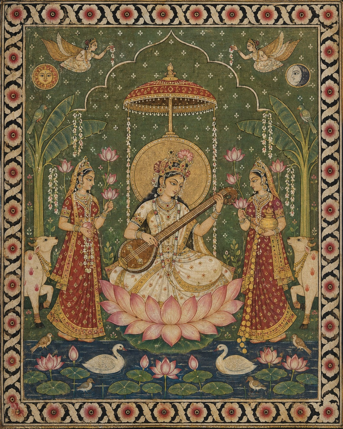 Art print - “Veena Vilasini”: Goddess Saraswati in a Garden of Music & Devotion