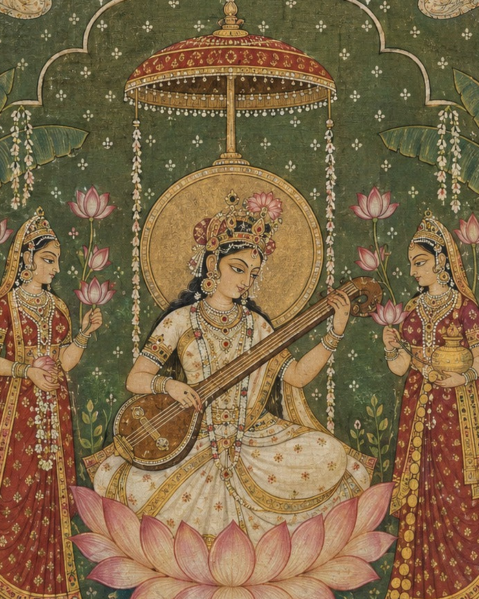 Art print - “Veena Vilasini”: Goddess Saraswati in a Garden of Music & Devotion