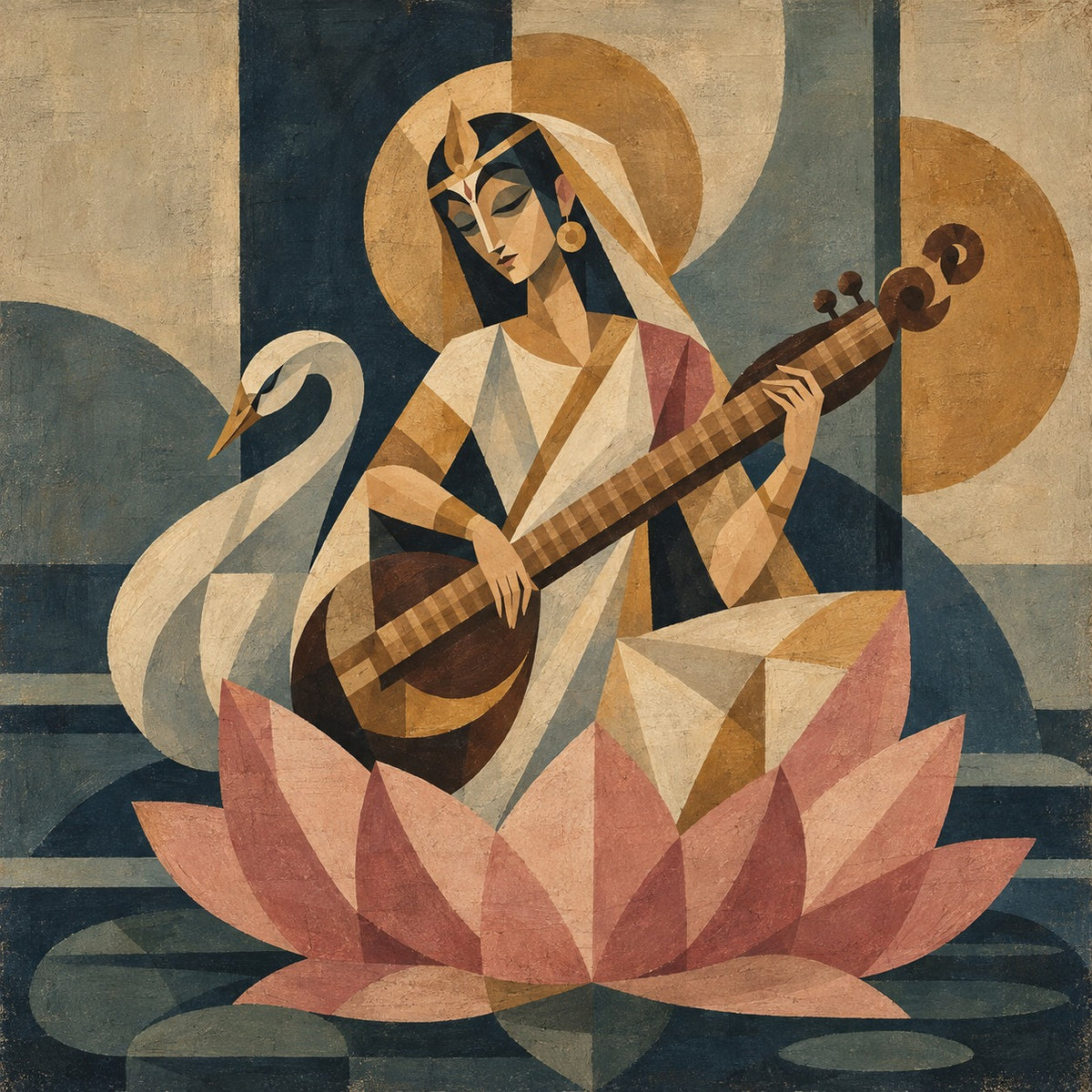 Handpainted – “Veenadhari Saraswati”: Cubist Saraswati in Terracotta & Indigo