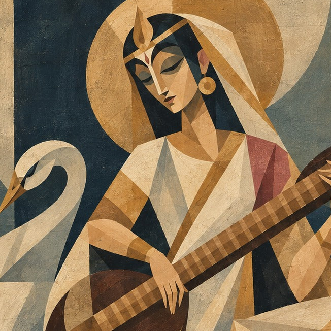 Handpainted – “Veenadhari Saraswati”: Cubist Saraswati in Terracotta & Indigo
