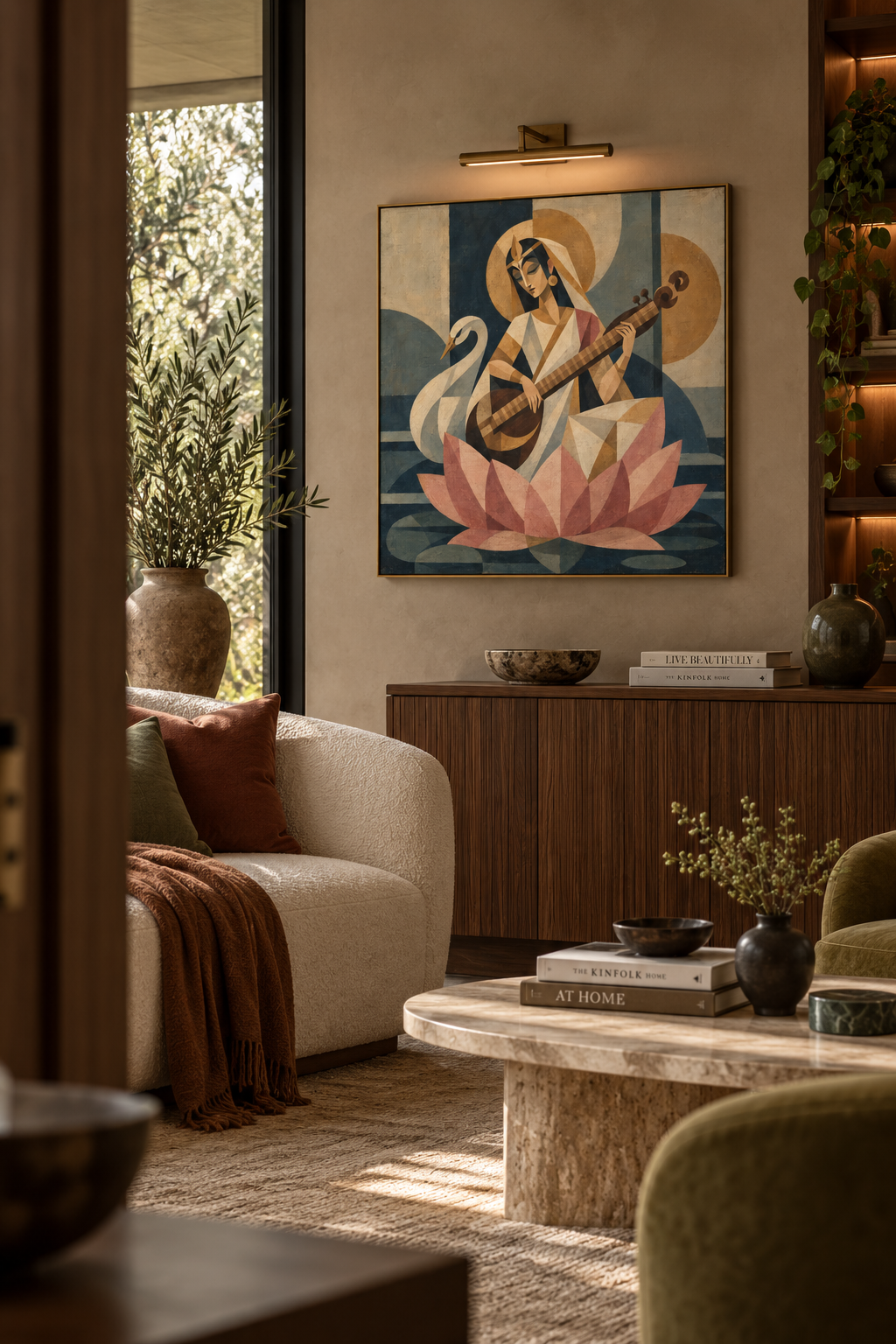 Handpainted – “Veenadhari Saraswati”: Cubist Saraswati in Terracotta & Indigo