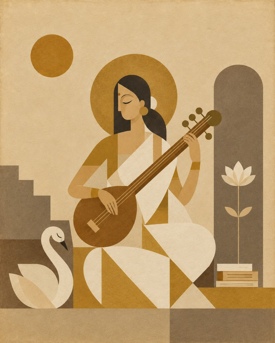 Handpainted – Indo-Bauhaus – “Veenapani”: Portrait of Goddess Saraswati