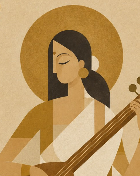 Handpainted – Indo-Bauhaus – “Veenapani”: Portrait of Goddess Saraswati