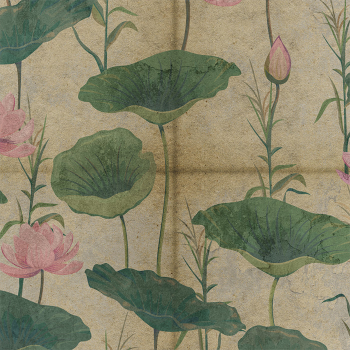 Pattern of pink lotus flowers and green leaves on a textured beige background