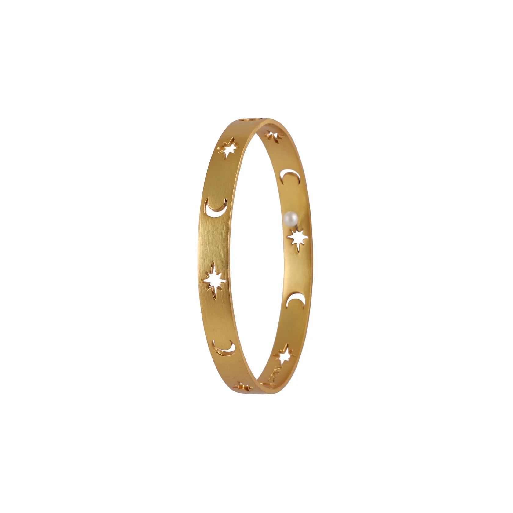 18k gold-finish slim celestial bangle featuring moon and star cutouts, modern minimalist jewelry for women