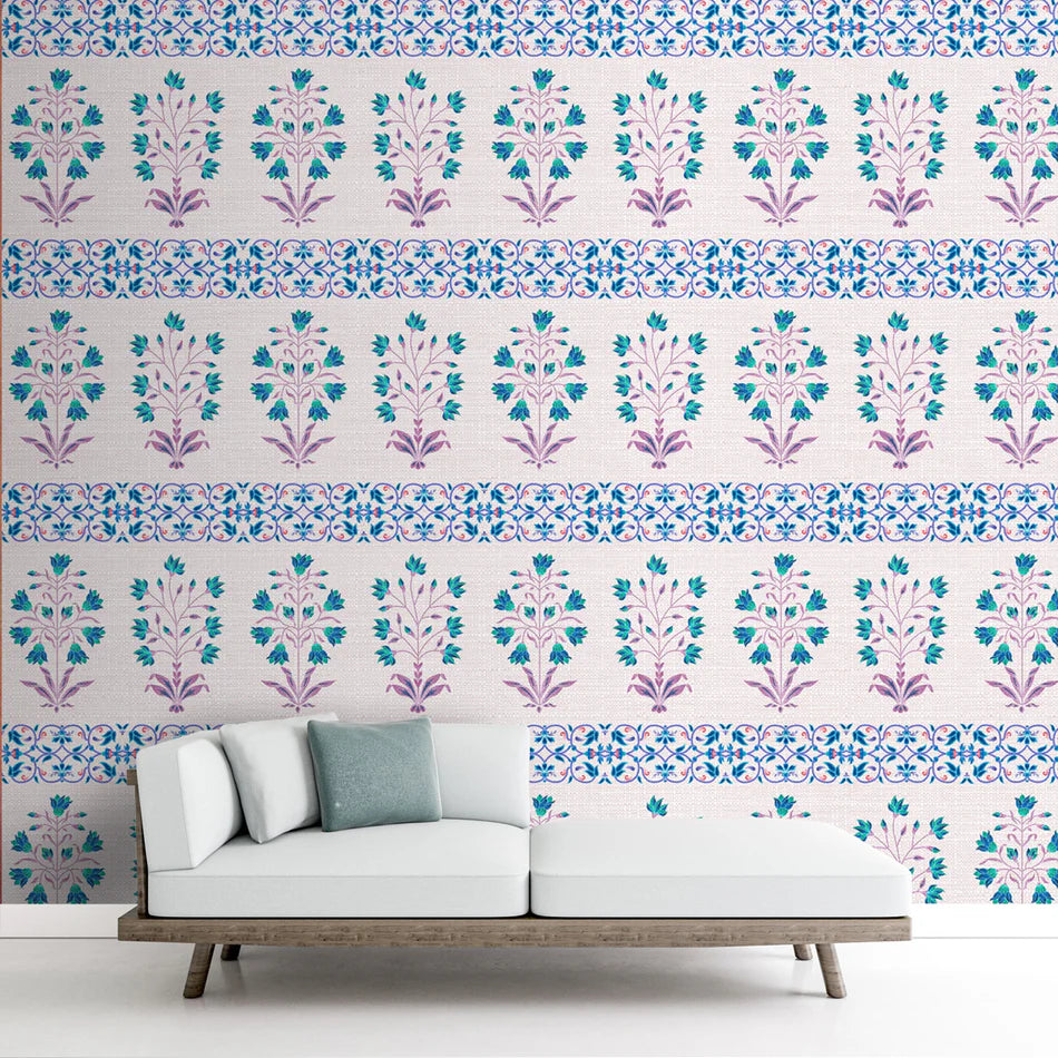 Imperial Geometry Mughal wallpaper - customized blue and pink floral pattern wallpaper
