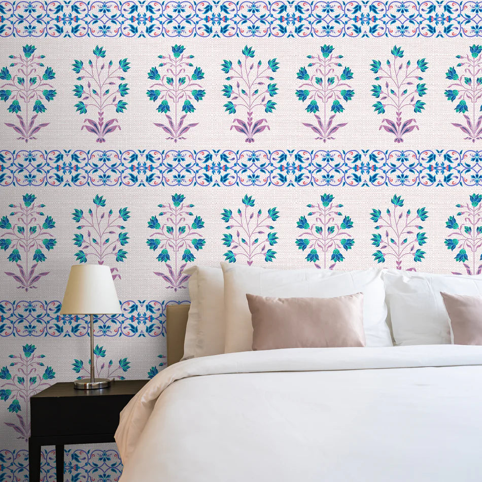 Imperial Geometry Mughal wallpaper - customized blue and pink floral pattern wallpaper for bedroom