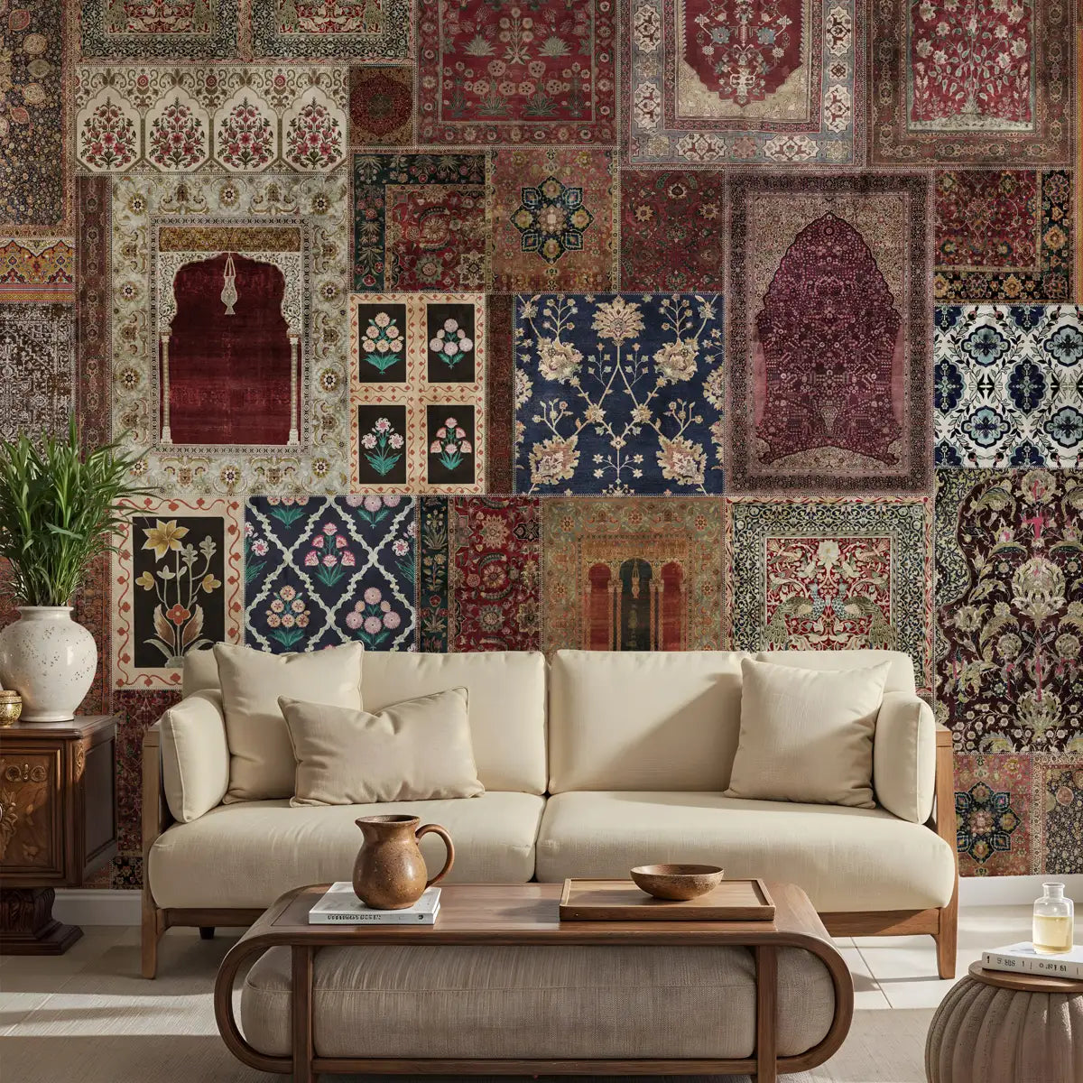 Opulent Indian tapestry wallpaper styled in a living room, blending Mughal floral patterns with classic decor for an elegant accent wall.