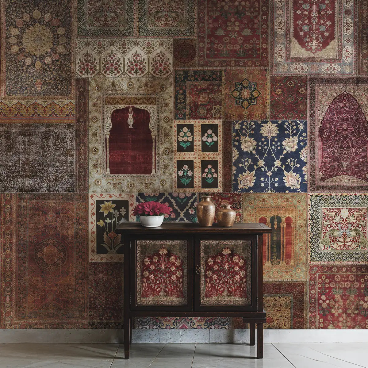 Traditional Indian tapestry wall mural featuring Persian-influenced symmetry, ornate borders, and vintage rug-style patterns for statement interiors.