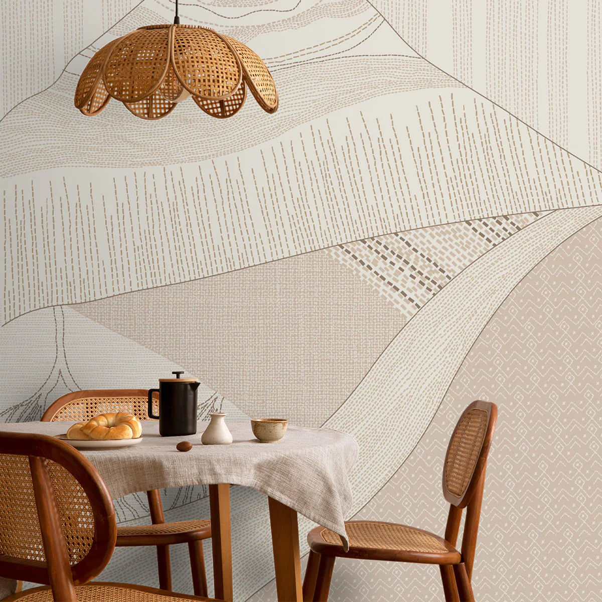 Abstract horizons inspired wall design featuring Katha motifs with layered forms and a calm, contemporary visual flow