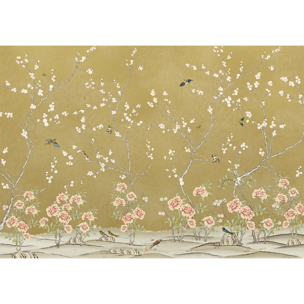 Amra Bagh chinoiserie wallpaper depicting refined oriental inspired florals and birds with a luxurious golden hour ambience