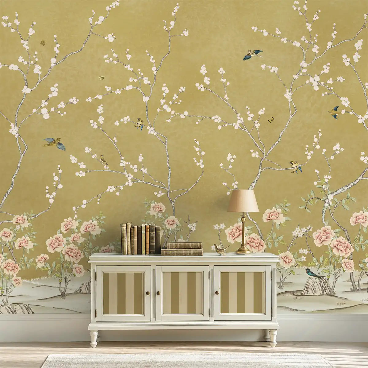 Amra Bagh Golden Hour chinoiserie wallpaper showcasing intricate botanical motifs and serene avian details in a glowing palette