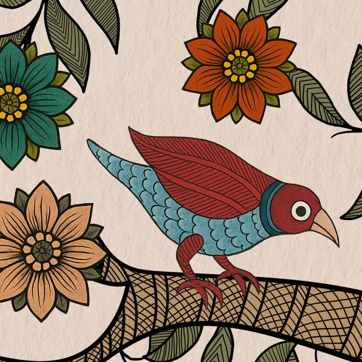 Close-up of Anant Madhubani wallpaper showing birds, floral motifs, and hand-drawn folk patterns