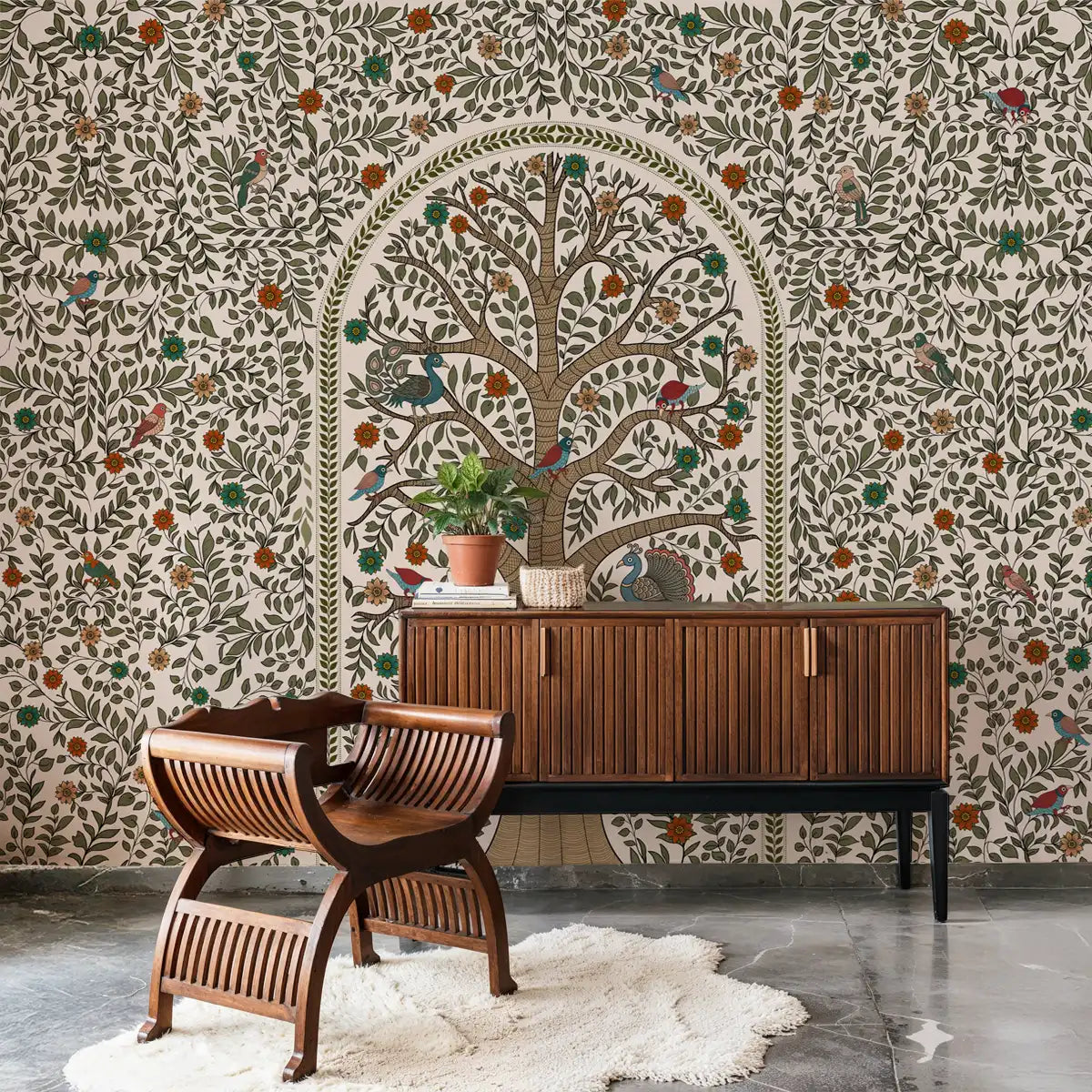 Anant Madhubani pipal tree wallpaper mural styled in a living space with wooden furniture