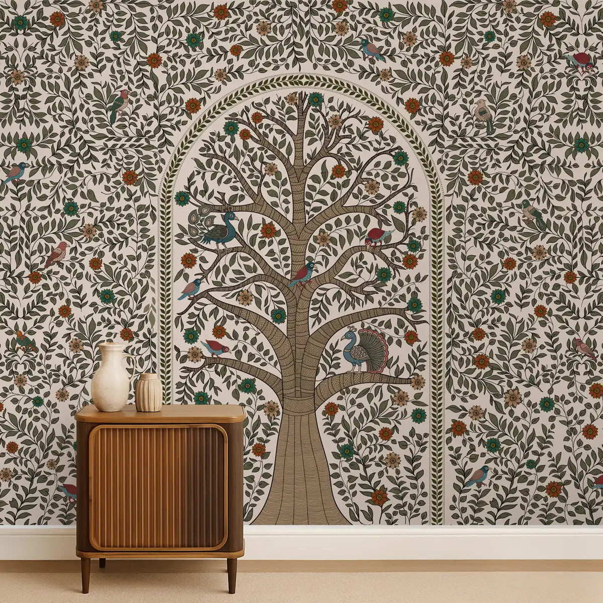Anant Madhubani wallpaper mural featuring a sacred pipal tree with birds, flowers, and intricate folk detailing