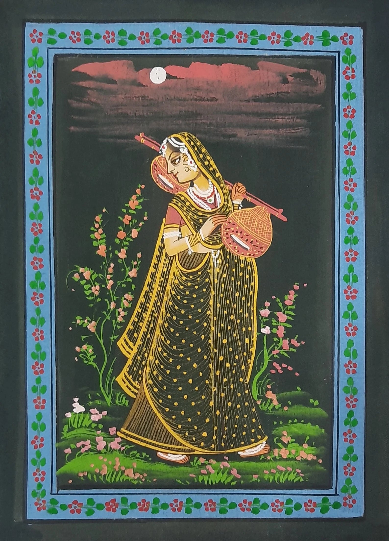 Antique Ragamala miniature painting depicting a woman playing veena in a poetic musical scene