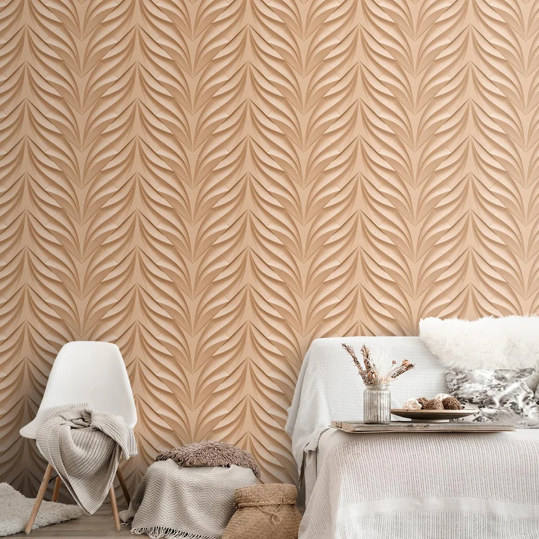 Textured Indian celestial wallpaper with repeating wing-inspired sculptural pattern in warm neutral tones
