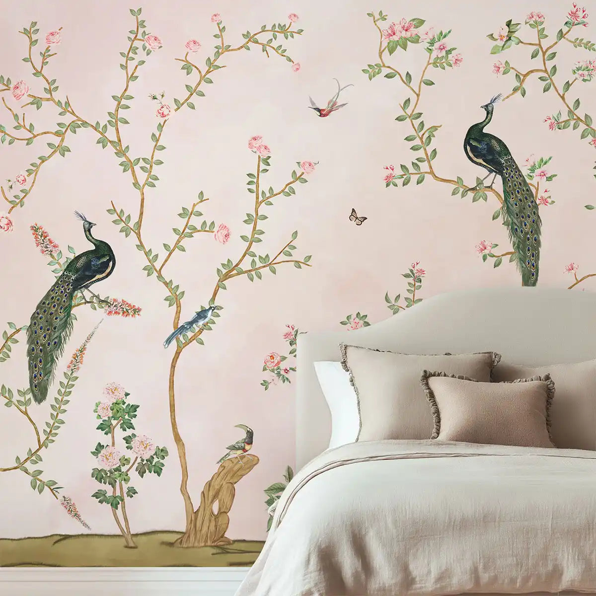 Bagiya pink floral garden wallpaper depicting lush blossoms and gentle garden scenery designed for serene living spaces