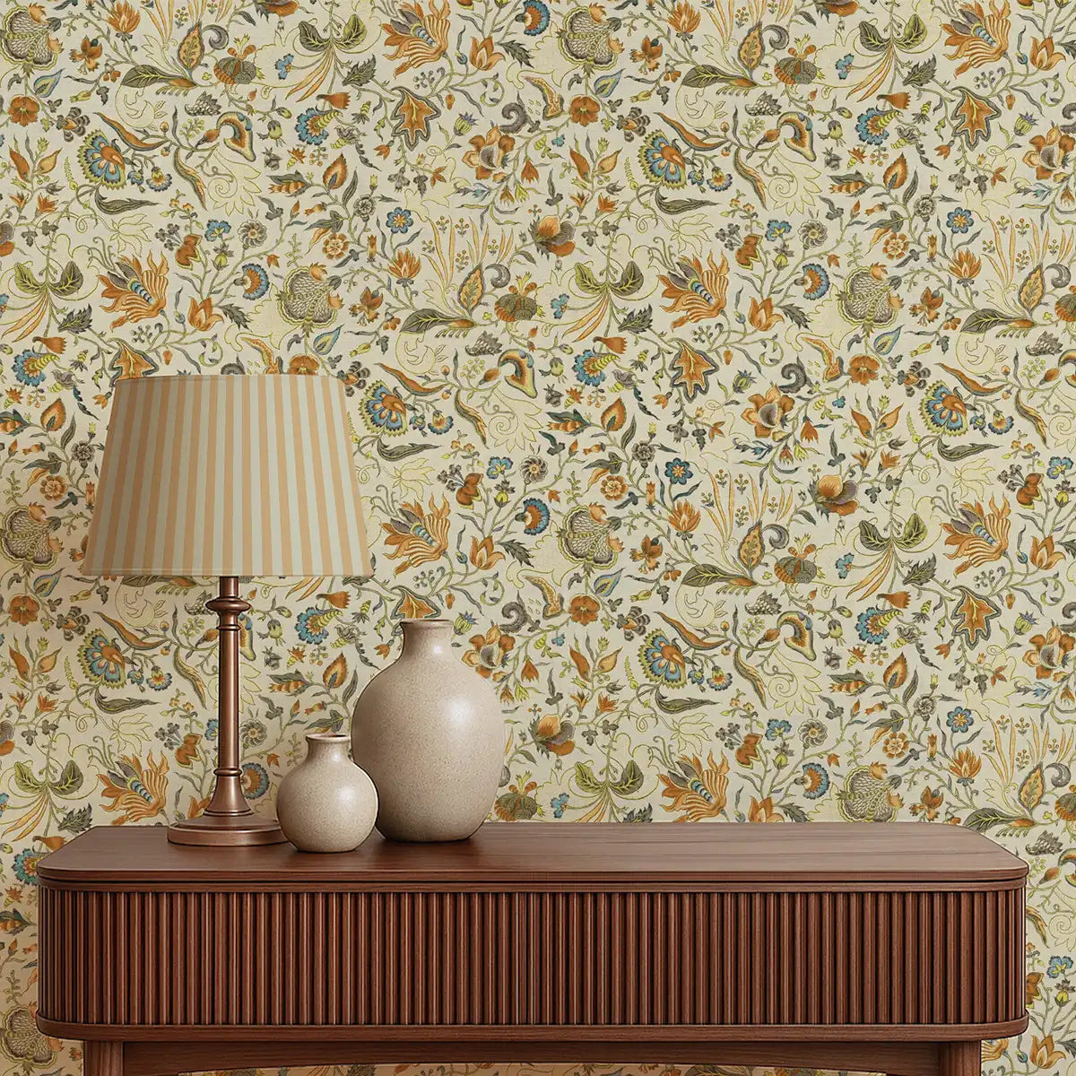 Floral wallpaper with repeating spring-inspired motifs in warm cream tones