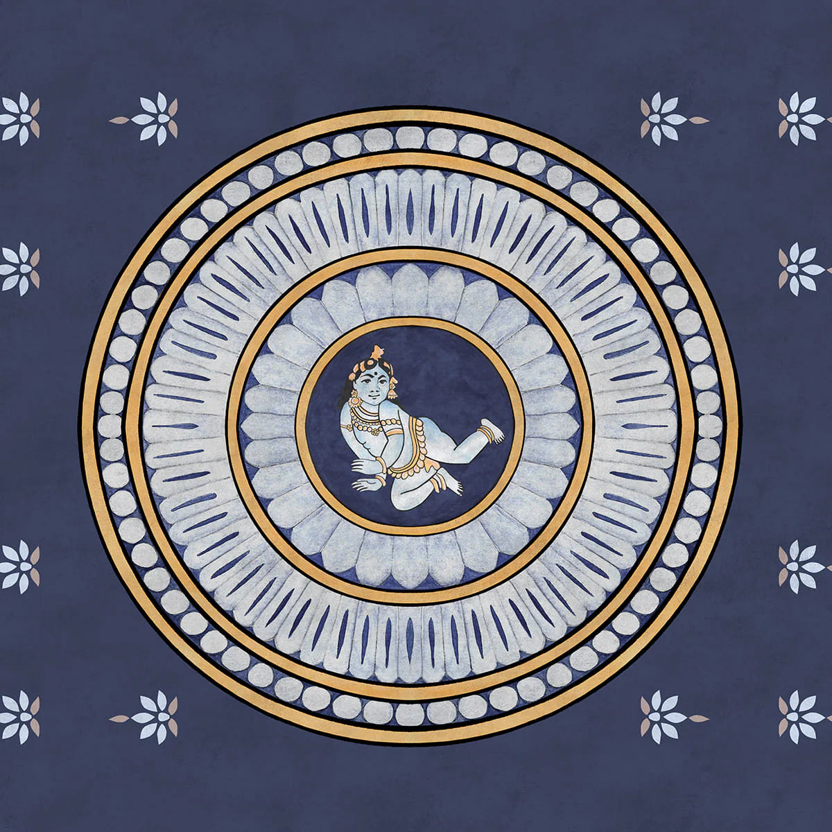 Close-up of abstract Bal Gopal wallpaper highlighting fine line work and celestial motifs