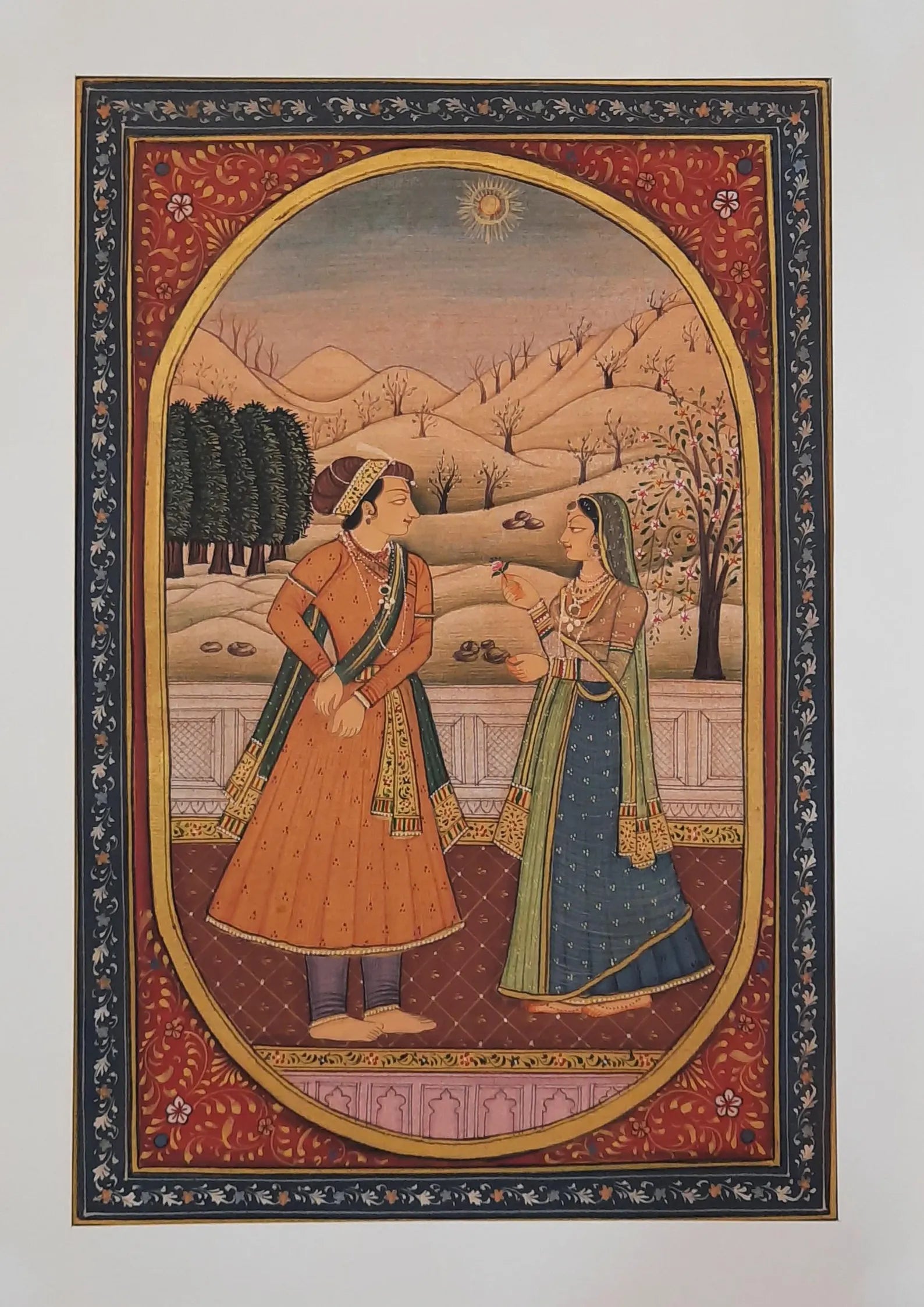 Barahmasa miniature painting on paper illustrating a seasonal month with traditional Indian figures