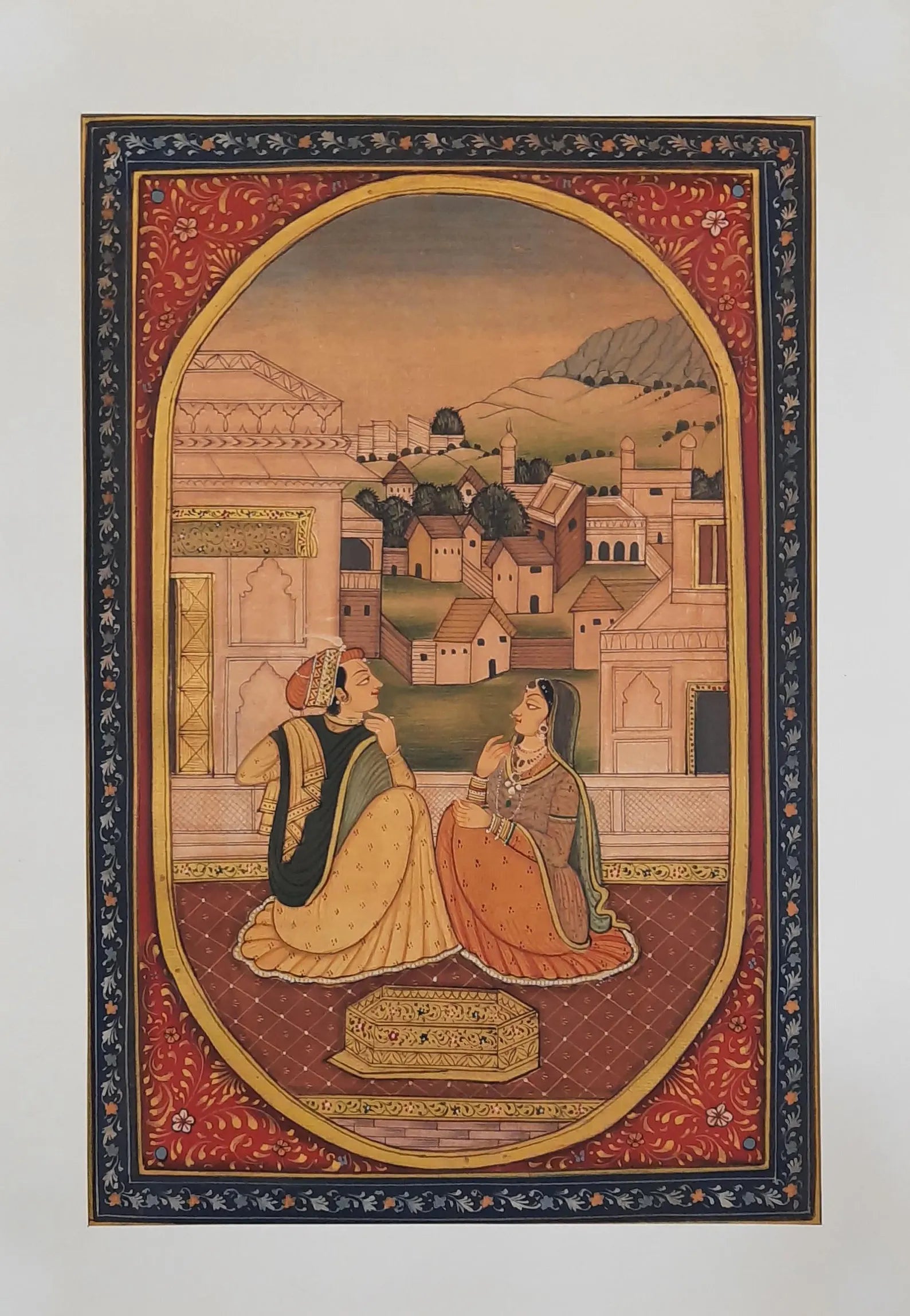 Handpainted Barahmasa artwork showing a month scene with intricate detailing and vibrant colors