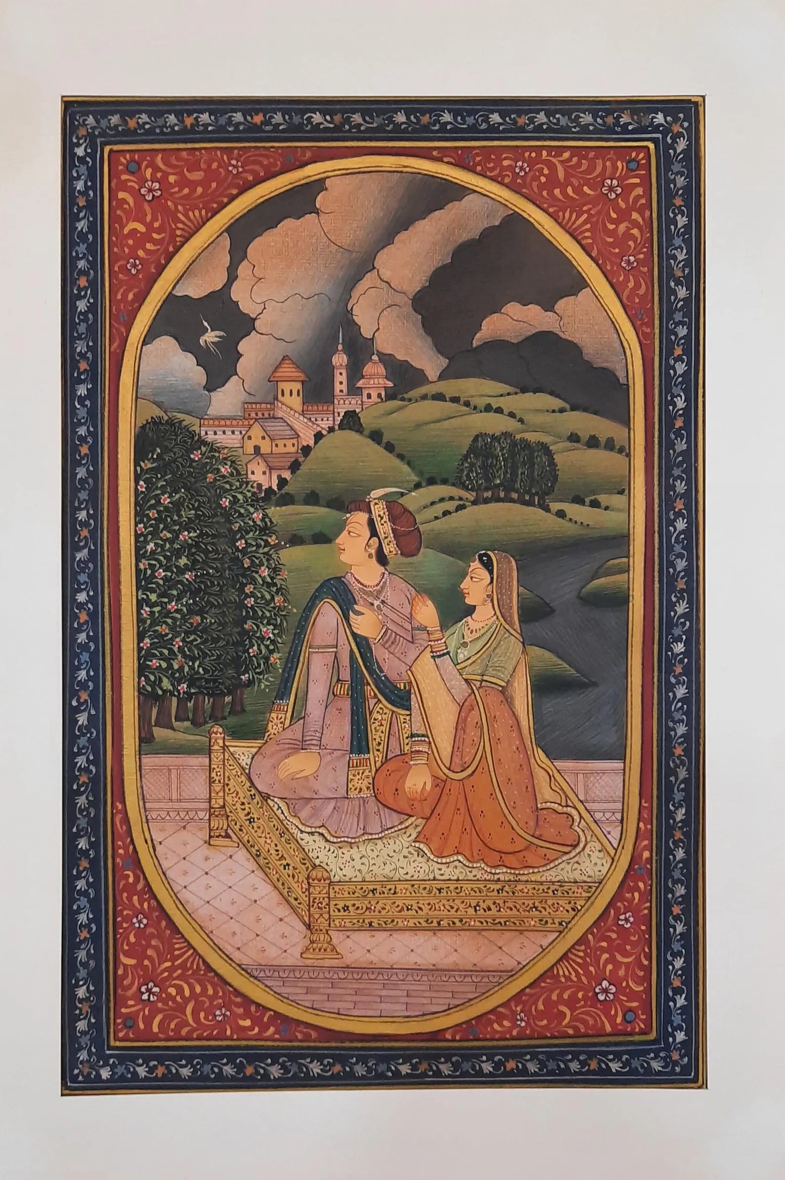 Detailed Barahmasa miniature painting on paper with expressive figures and landscape