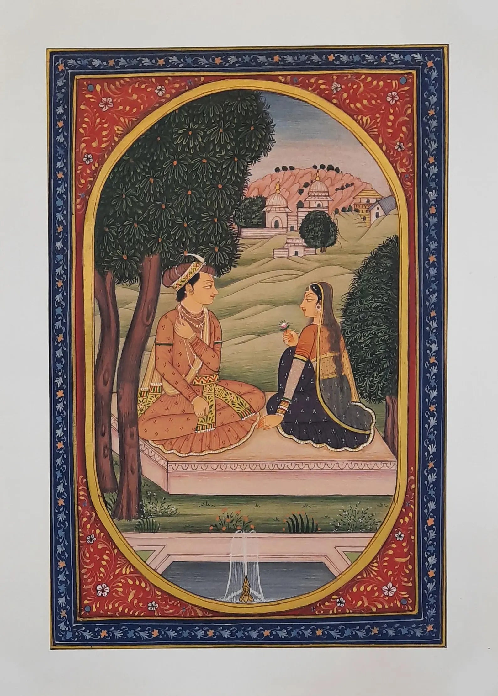 Handpainted Barahmasa artwork capturing seasonal rhythm and traditional Indian attire