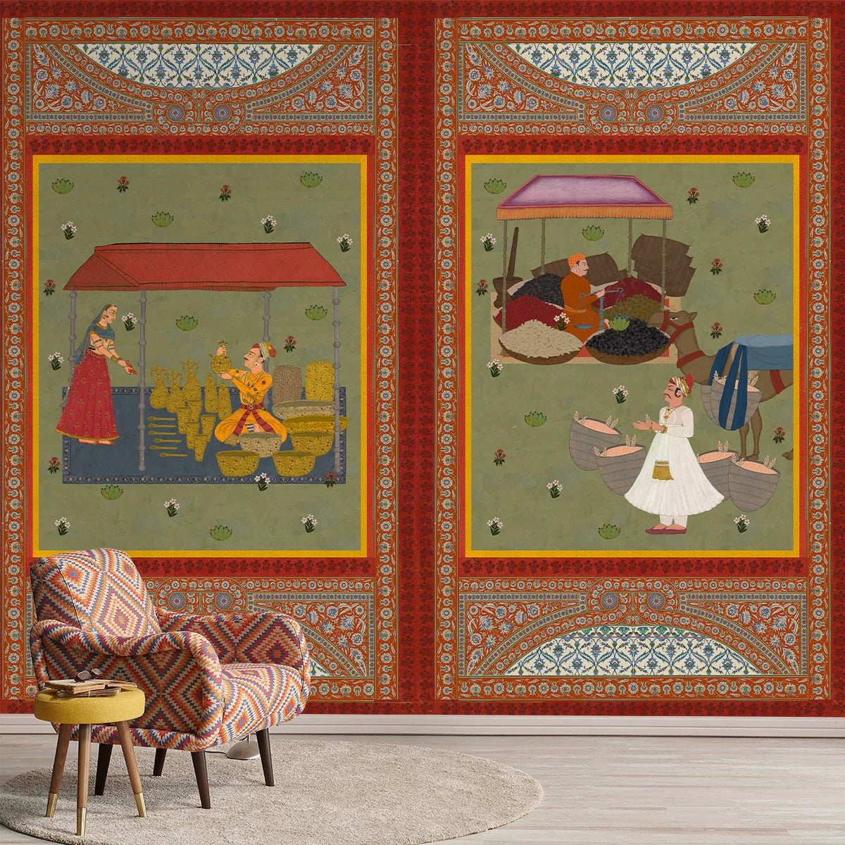 Bazaar charm inspired wall mural featuring Meena Kala motifs with vibrant colors and traditional Indian marketplace artistry