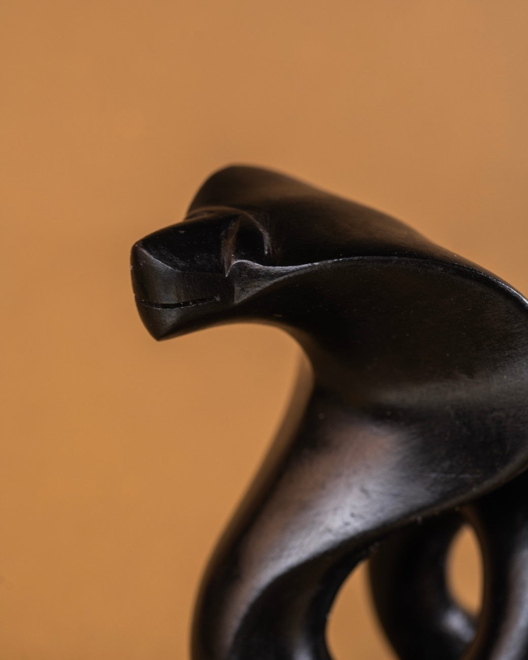 Side profile of black stone cobra statue highlighting flowing carved form