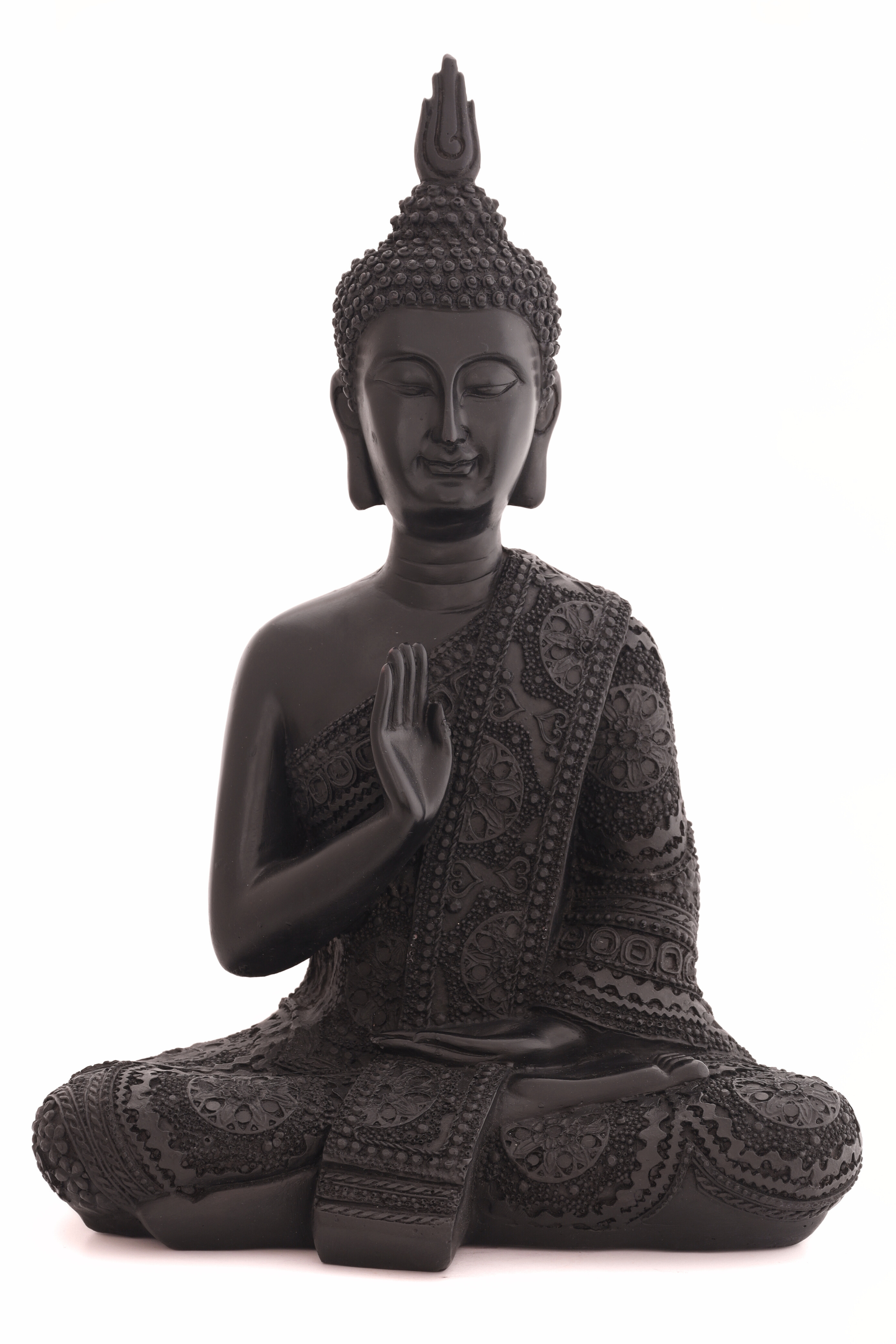 Black wood meditating Buddha statue carved in a serene seated pose, designed to inspire calm and mindfulness in home décor
