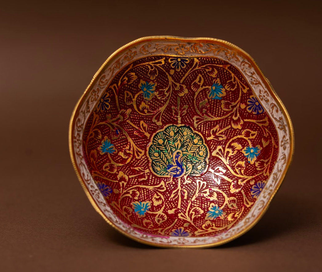Red ornate brass bowl featuring multicolor floral detailing – handcrafted Indian home decor accent