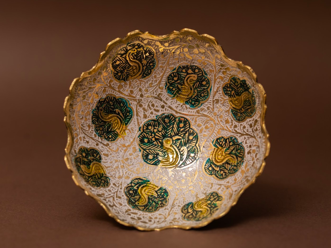 Hand-painted brass bowl with green floral & peacock motif – traditional Indian artisan decor accent