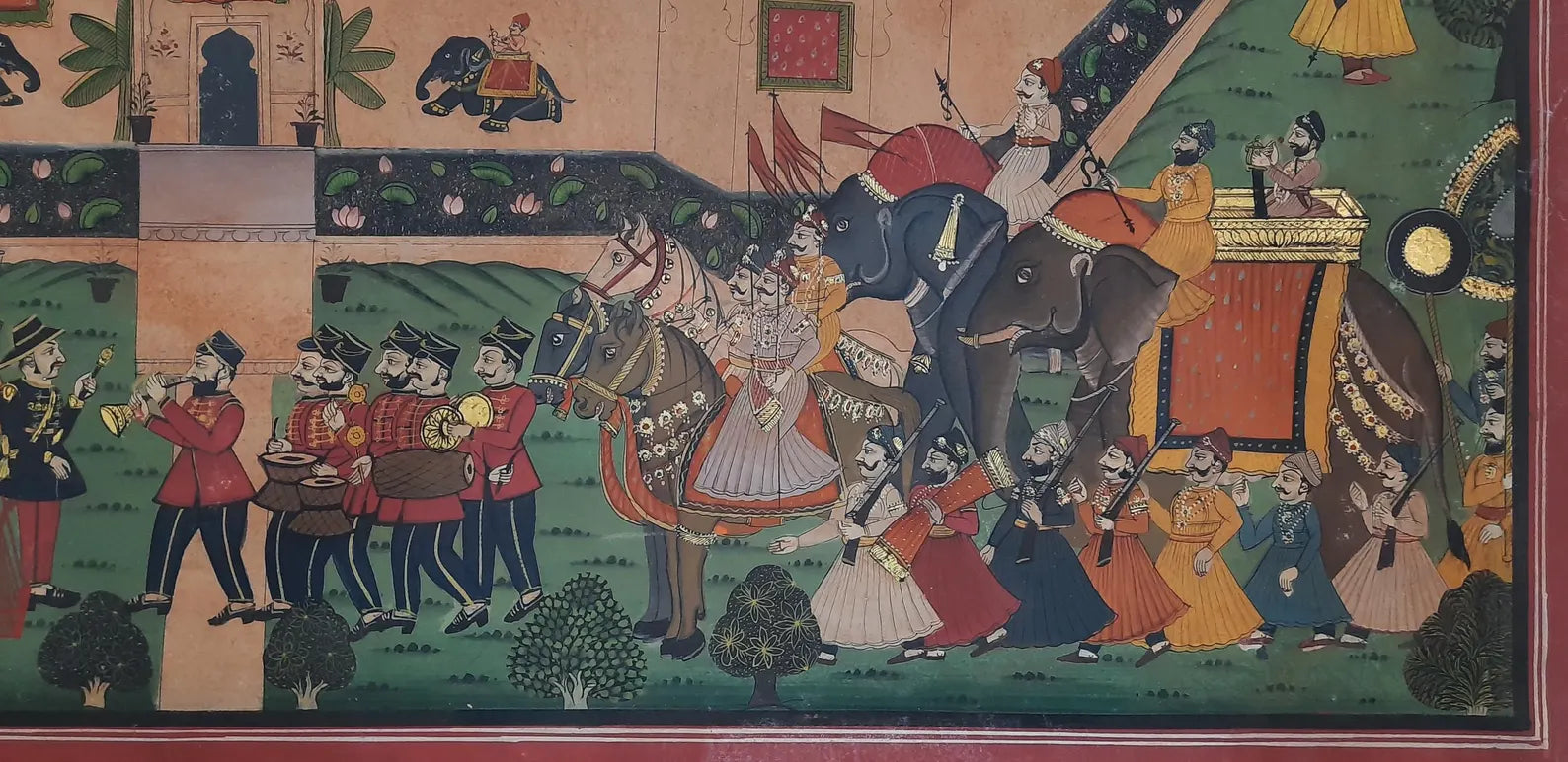 Rajasthani miniature artwork showing royal feast rituals with courtiers and offerings