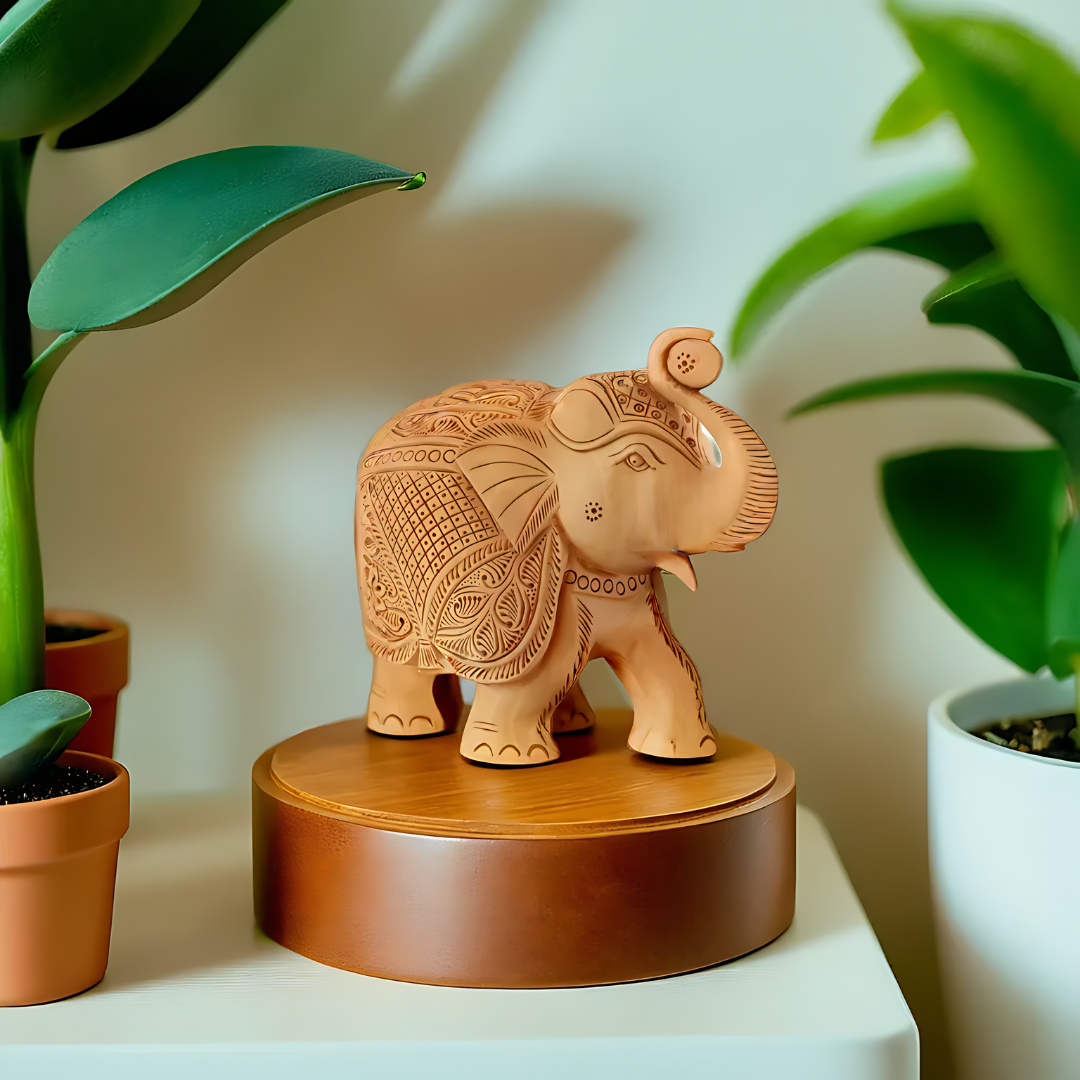 Hand carved wooden elephant sculpture showcasing traditional craftsmanship and symbolic strength for elegant home décor
