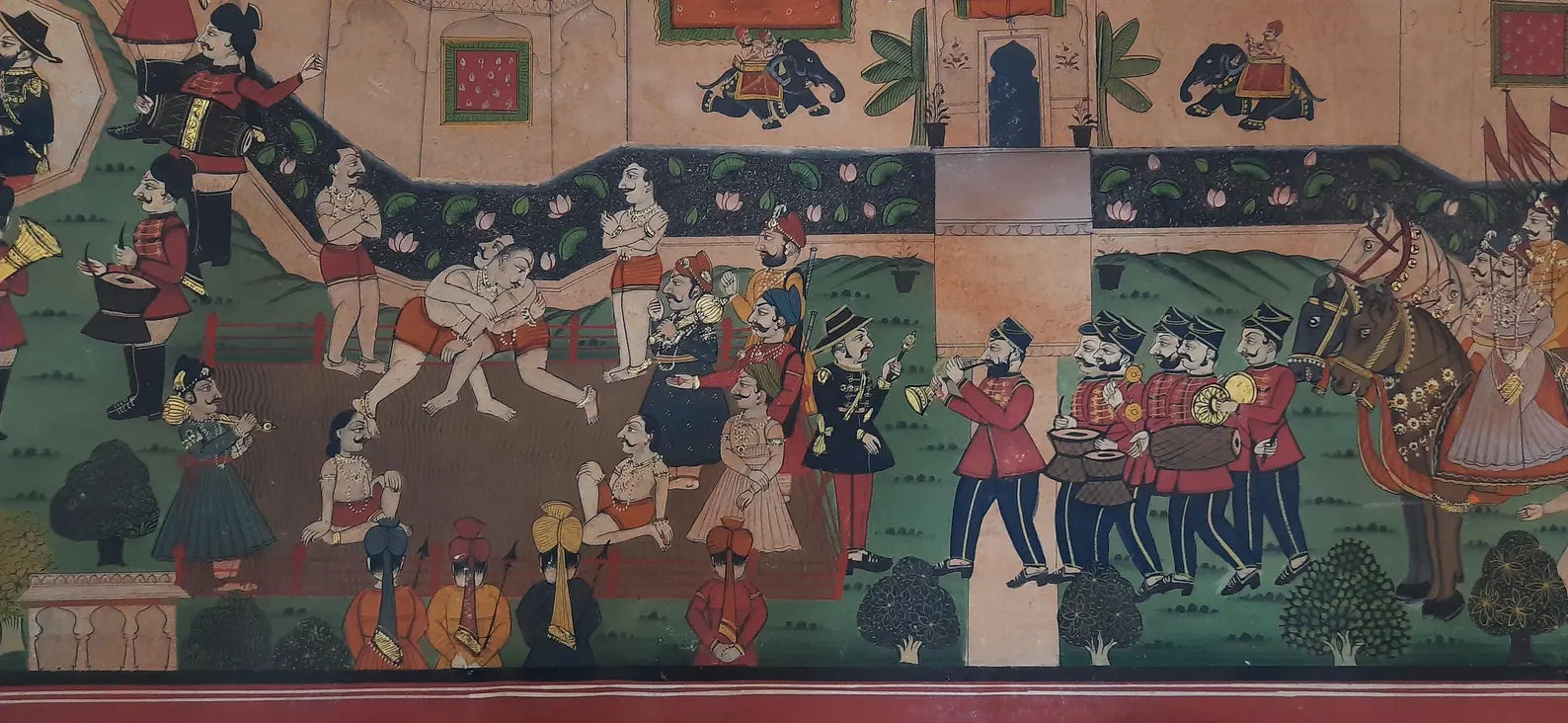 Detailed miniature painting illustrating the Chhapan Bhog ceremony in a royal court setting