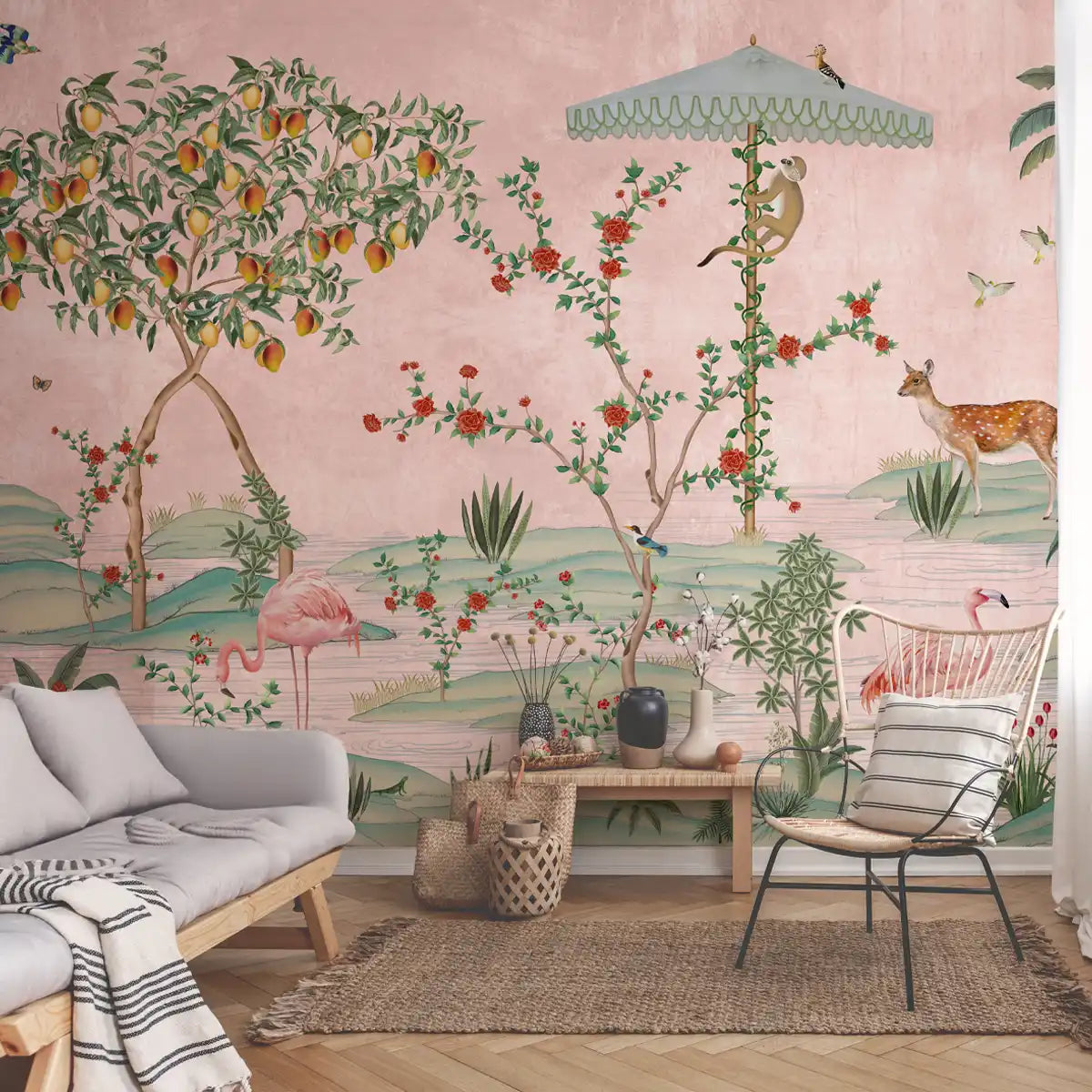 Chinoiserie Reverie Gulbagh pink wallpaper featuring elegant floral and bird motifs in soft pink tones inspired by classic chinoiserie art