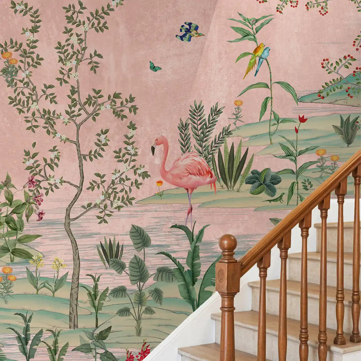 Staircase with a decorative wallpaper featuring flamingos, plants, and birds on a pink background.